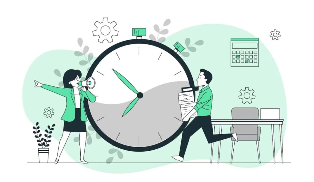 A green and white graphic of two people managing a giant clock in an office