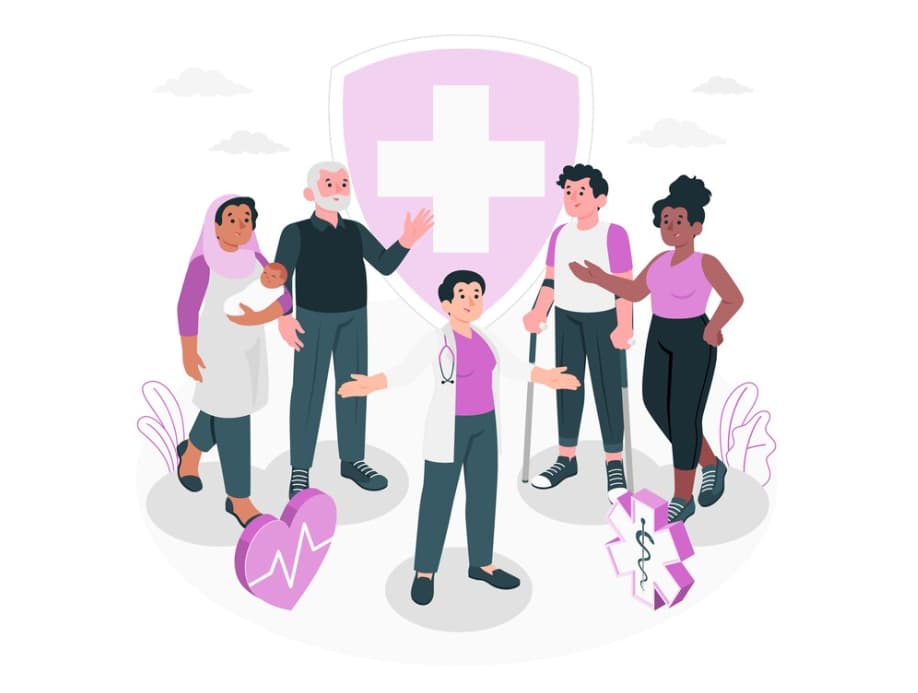 Diverse group of people protected by a large healthcare symbol