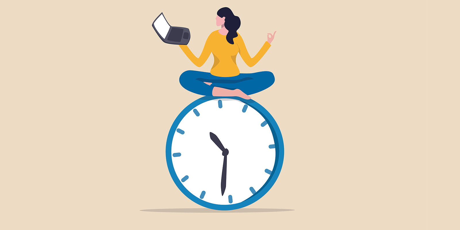 A girl in a lotus pose sitting on a clock