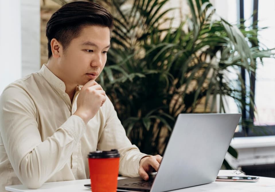 Focused man working on a laptop near a potted plant