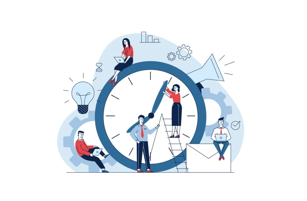 People interacting with elements of a giant clock and productivity symbols