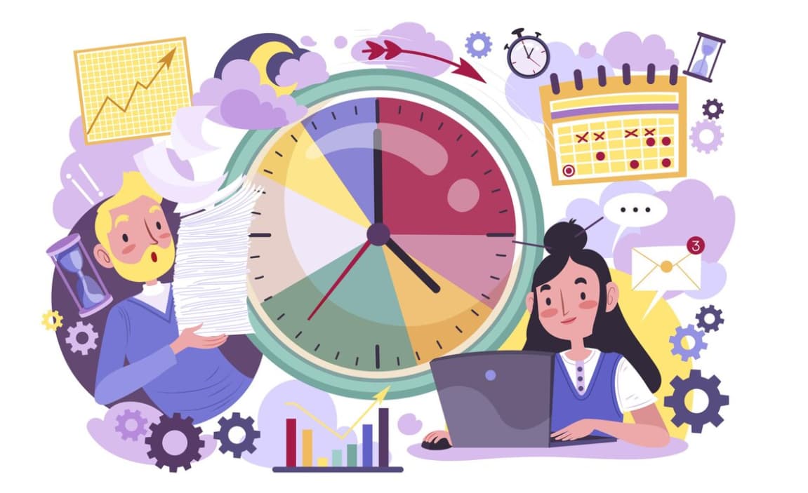 A colorful illustration of time management with a large clock and productive people
