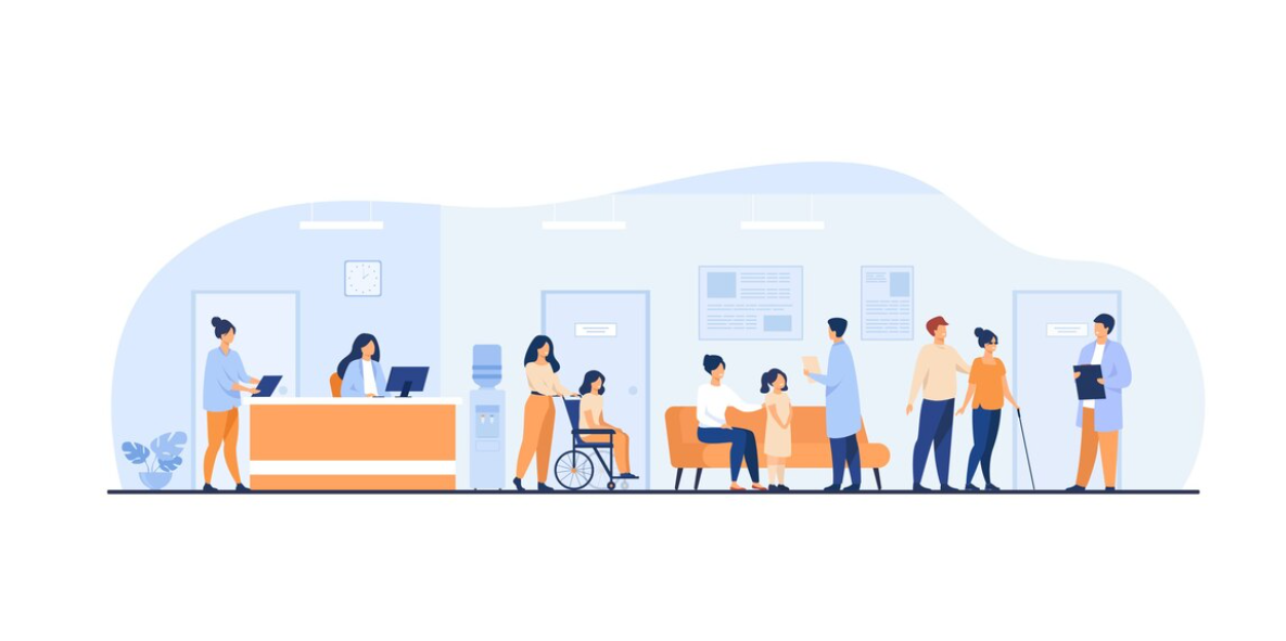 Illustration of a busy hospital reception with patients and staff